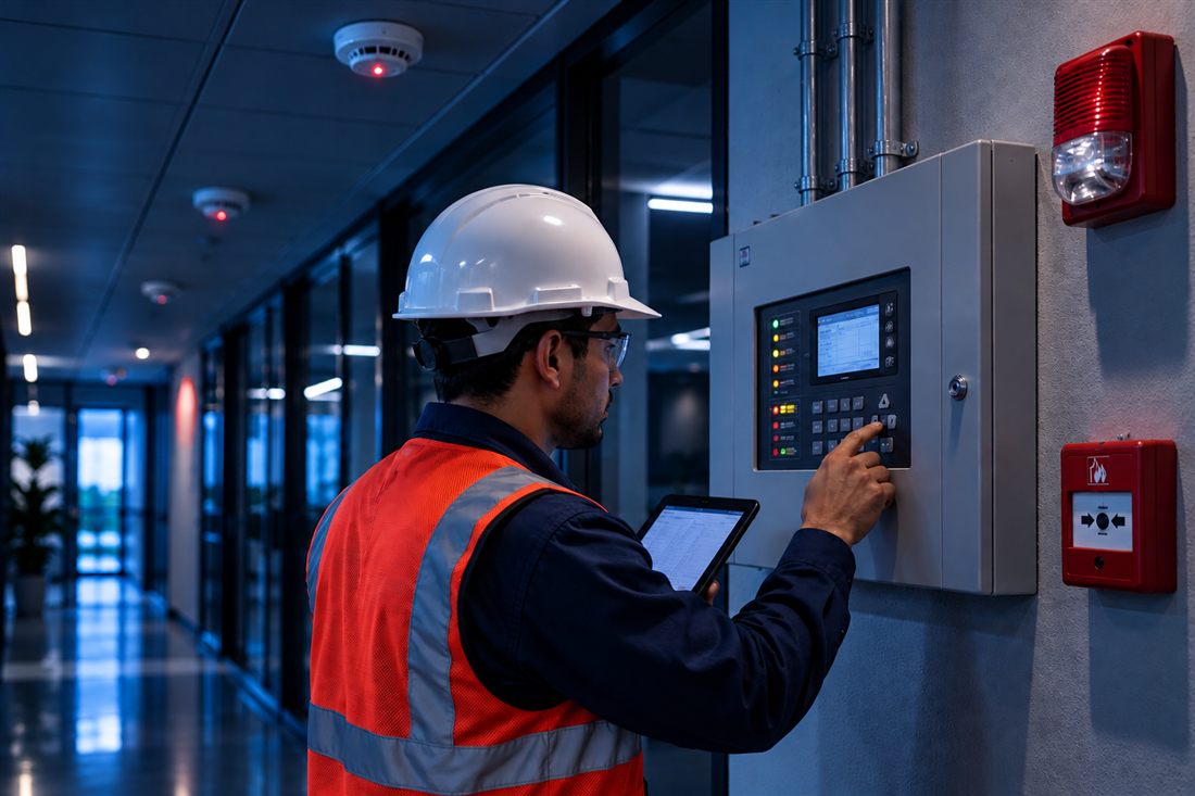 Técnico revisa un panel gris de alarma contra incendio en un pasillo corporativo