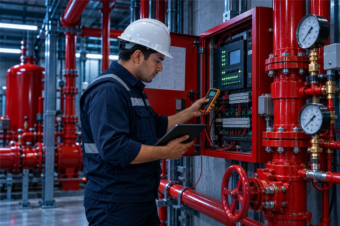Técnico revisa con multímetro un panel de alarma contra incendio