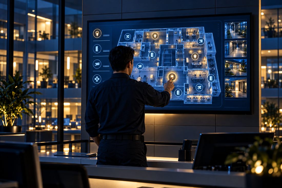 Persona maneja en una pantalla táctil el plano del edificio con luces, puertas y cámaras