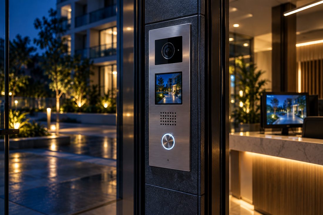 Panel de citofonía con cámara en la entrada de un edificio residencial y monitor en la recepción
