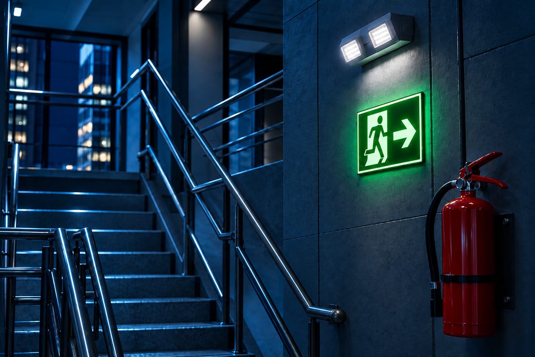 Escalera de emergencia con señal de evacuación iluminada, luz de emergencia y extintor